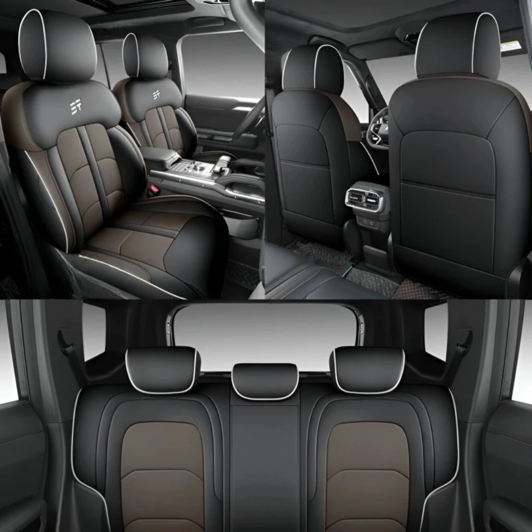 JETOUR T2- LUXURY SEAT COVERS BLACK & BROWN WITH WHITE TRIM(non oem)
